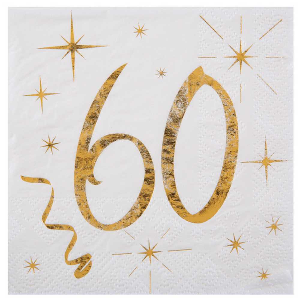 Serviettes en papier 60 ans, déco de table anniversaire blanc & or
