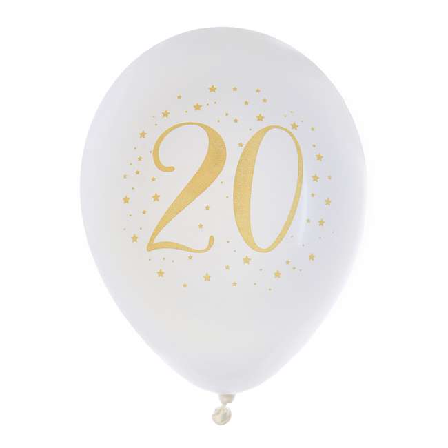 Décoration de salle anniversaire, ballons latex 20 ans blanc et or