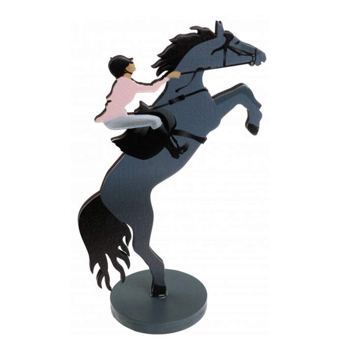 Décor en bois thème équitation avec un cheval et sa cavalière
