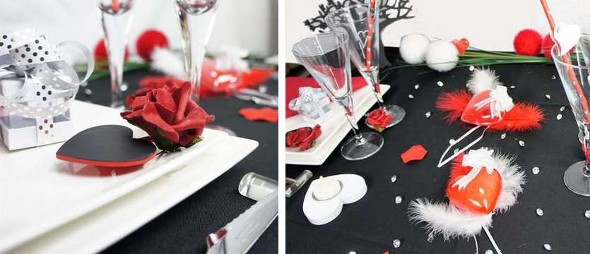 Deco de table de fêtes coeurs et fleurs en rouge et noir