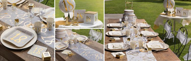 Tout pour votre décoration de table anniversaire par ages blanc et or.