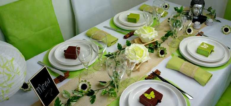 Idée de décoration de table mariage, anniversaire, zen et nature vert anis.