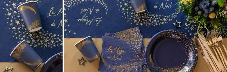 Décoration de table de Noël très originale en Bleu marine et Or