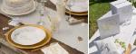 Une gamme très complète de déco de table et salle mariage coloris blanc et or métallisé 