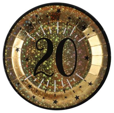 10 Assiettes rondes en carton or métallisé, impression du chiffre 20 en coloris noir pour une décoration de table anniversaire 20 ans