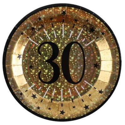 10 Assiettes rondes en carton or métallisé, impression du chiffre 30 en coloris noir pour une décoration de table anniversaire 30 ans