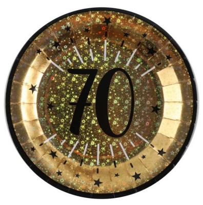10 Assiettes rondes en carton or métallisé, impression du chiffre 70 en coloris noir pour une décoration de table anniversaire 70 ans