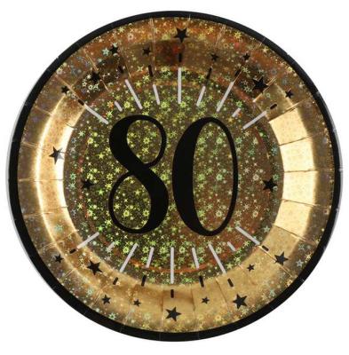 10 Assiettes rondes en carton or métallisé, impression du chiffre 80 en coloris noir pour une décoration de table anniversaire 80 ans