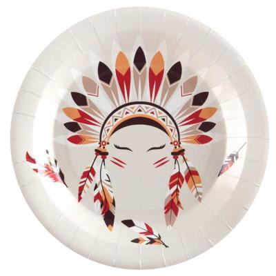 Assiettes en carton décor visage indien avec sa coiffe en plumes