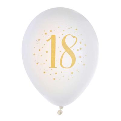 8 Ballons anniversaire en latex de 23 cm, fond blanc avec le chiffre 18 entouré de points et étoiles coloris or métallisé.