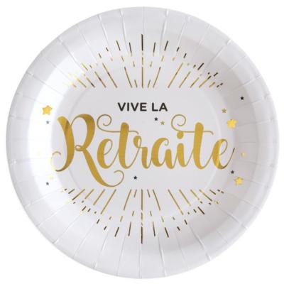 10 Assiettes en carton blanc avec l'inscription Vive la Retraite en coloris or métallisé