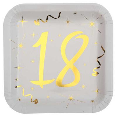10 assiettes carrées en carton, blanches  imprimées 18 coloris or pour une décoration de table anniversaire 18 ans