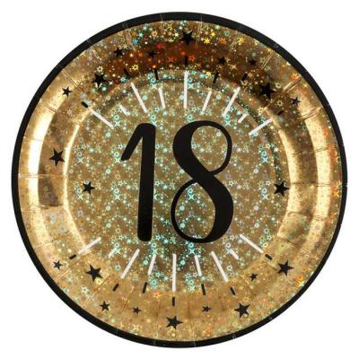 10 Assiettes rondes en carton or métallisé, impression du chiffre 18 en coloris noir pour une décoration de table anniversaire 18 ans