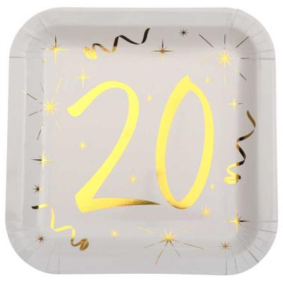 10 assiettes carrées en carton, blanches  imprimées 20 coloris or pour une décoration de table anniversaire 20 ans