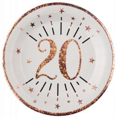 10 Assiettes rondes en carton blanc, impression du chiffre 20 en coloris rose gold pour une décoration de table anniversaire 20 ans