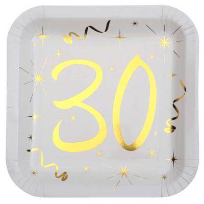 10 assiettes carrées en carton, blanches  imprimées 30 coloris or pour une décoration de table anniversaire 30 ans