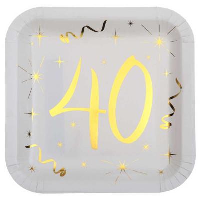 10 assiettes carrées en carton, blanches  imprimées 40 coloris or pour une décoration de table anniversaire 40 ans