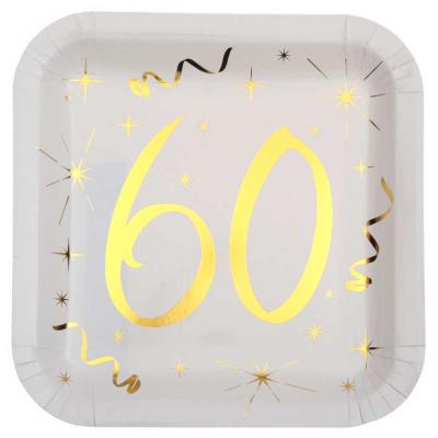 10 assiettes carrées en carton, blanches  imprimées 60 coloris or pour une décoration de table anniversaire 60 ans