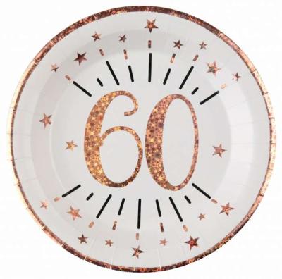10 Assiettes rondes en carton blanc, impression du chiffre 60 en coloris rose gold pour une décoration de table anniversaire 60 ans