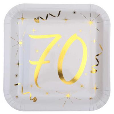 10 assiettes carrées en carton, blanches  imprimées 70 coloris or pour une décoration de table anniversaire 70 ans