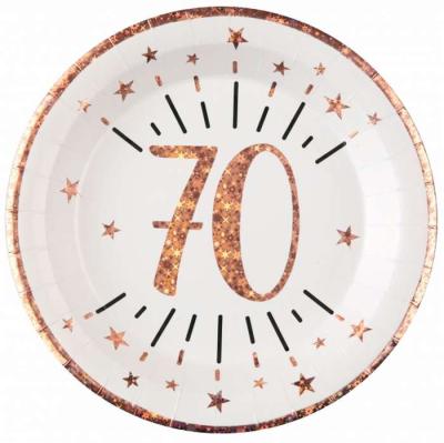 10 Assiettes rondes en carton blanc, impression du chiffre 70 en coloris rose gold pour une décoration de table anniversaire 70 ans