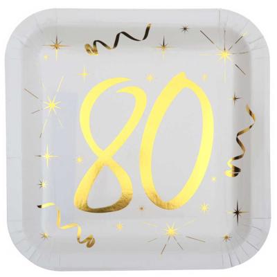 10 assiettes carrées en carton, blanches  imprimées 80 coloris or pour une décoration de table anniversaire 80 ans