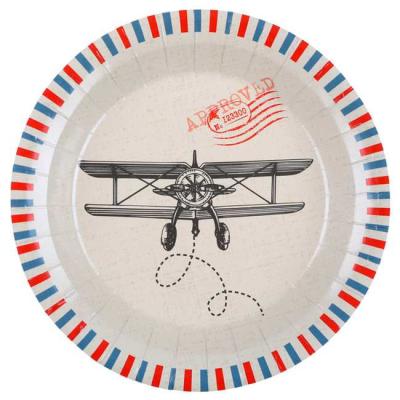 10 Assiettes rondes en carton, avec en décor au centre un avion bi-plan et une frise bleu, blanc,rouge sur les bords.