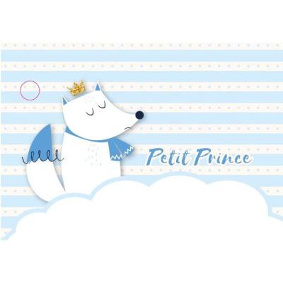 10 Etiquettes porte nom baptême ou baby shower garçon fond blanc rayures bleues et rayures blanches avec des point bleus, sur lequel est dessiné un renard posé sur un nuage blanc.