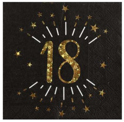 10 Serviettes en papier fond noir, impression du chiffre 18 coloris or métallisé pour une décoration de table anniversaire 18 ans