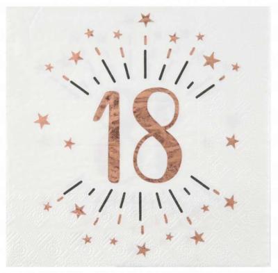 10 Serviettes en papier fond blanc, impression du chiffre 18 coloris rose gold métallisé pour une décoration de table anniversaire 18 ans