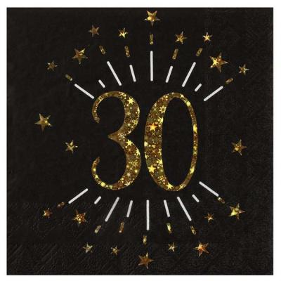 10 Serviettes en papier fond noir, impression du chiffre 30 coloris or métallisé pour une décoration de table anniversaire 30 ans