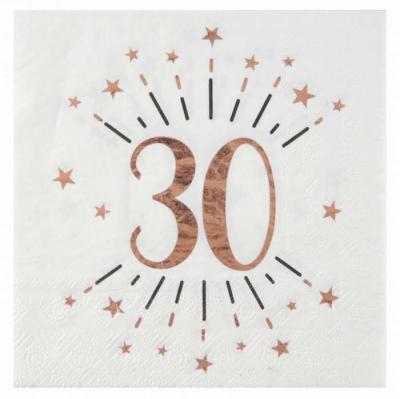 10 Serviettes en papier fond blanc, impression du chiffre 30 coloris rose gold métallisé pour une décoration de table anniversaire 30 ans