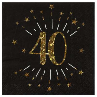 10 Serviettes en papier fond noir, impression du chiffre 40 coloris or métallisé pour une décoration de table anniversaire 40 ans
