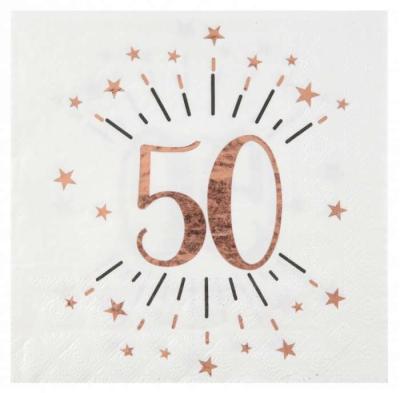 10 Serviettes en papier fond blanc, impression du chiffre 50 coloris rose gold métallisé pour une décoration de table anniversaire 50 ans