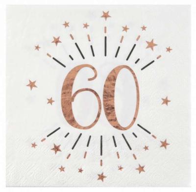 10 Serviettes en papier fond blanc, impression du chiffre 60 coloris rose gold métallisé pour une décoration de table anniversaire 60 ans