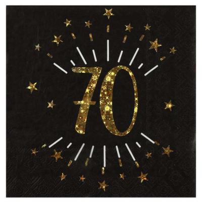 10 Serviettes en papier fond noir, impression du chiffre 70 coloris or métallisé pour une décoration de table anniversaire 70 ans