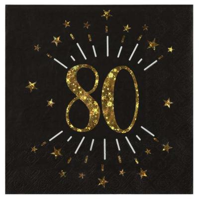 10 Serviettes en papier fond noir, impression du chiffre 80 coloris or métallisé pour une décoration de table anniversaire 80 ans