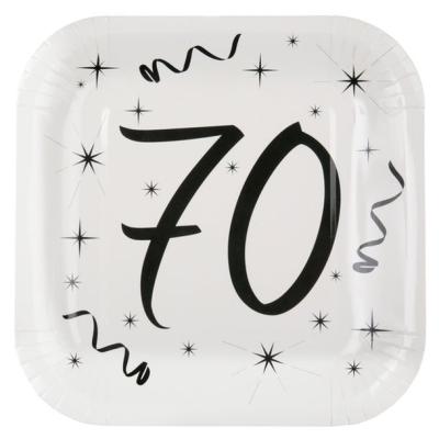 10 assiettes carrées en carton , blanches  imprimées 70ans pour une décoration de table anniversaire 70ans