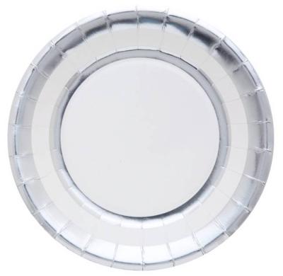 1 0 Assiettes en carton fond blanc, décor 2 cercles, l' un à l'intérieur l'autre sur l' extérieur argent métallisé