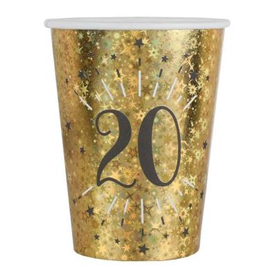 20 Gobelets en carton or métallisé, impression du chiffre 20 en coloris noir pour une décoration de table anniversaire 20 ans