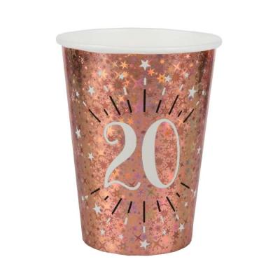 20 Gobelets en carton rose gold métallisé, impression du chiffre 20 en coloris blanc pour une décoration de table anniversaire 20 ans