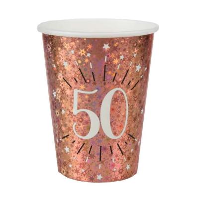 20 Gobelets en carton rose gold métallisé, impression du chiffre 50 en coloris blanc pour une décoration de table anniversaire 50 ans