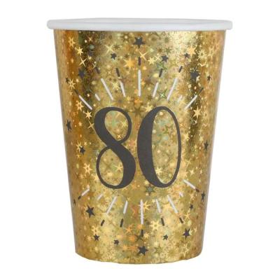 20 Gobelets en carton or métallisé, impression du chiffre 80 en coloris noir pour une décoration de table anniversaire 80 ans