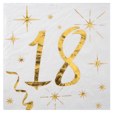 20 Serviettes en papier anniversaire 18 ans blanches avec impression coloris or métallisé