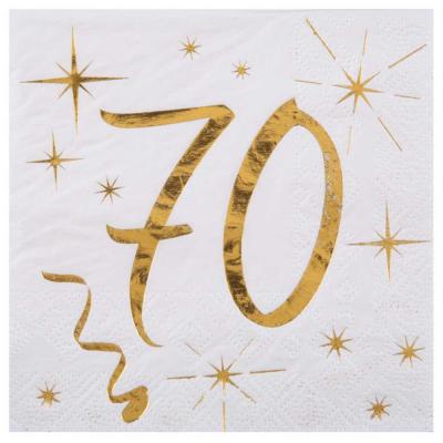20 Serviettes en papier anniversaire 70 ans blanches avec impression coloris or métallisé