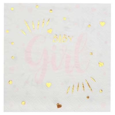 20 Serviettes en papier blanc, décor au centre le mot GIRL coloris rose avec des petits cœurs coloris or