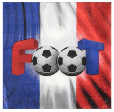 20 Serviettes en papier fond drapeau tricolore Français avec inscrit foot le F en rouge les O forme ballon de foot noir et blan et le T en bleu