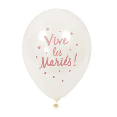 6 Ballons nacré diamètre environ 28 cm portant l'inscription Vive les mariés couleur rose gold.