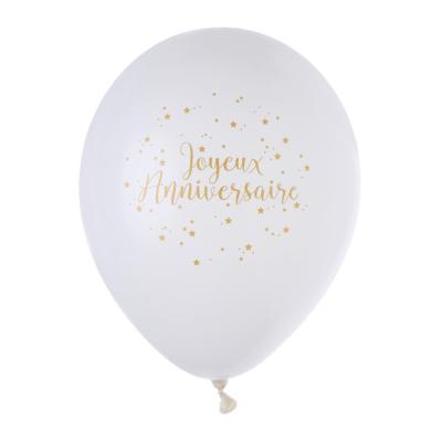 8 Ballons en latex blanc avec l'inscription Joyeux Anniversaire en coloris or métallisé