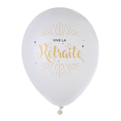 8 Ballons en latex blanc avec l'inscription Vive la Retraite en coloris or métallisé